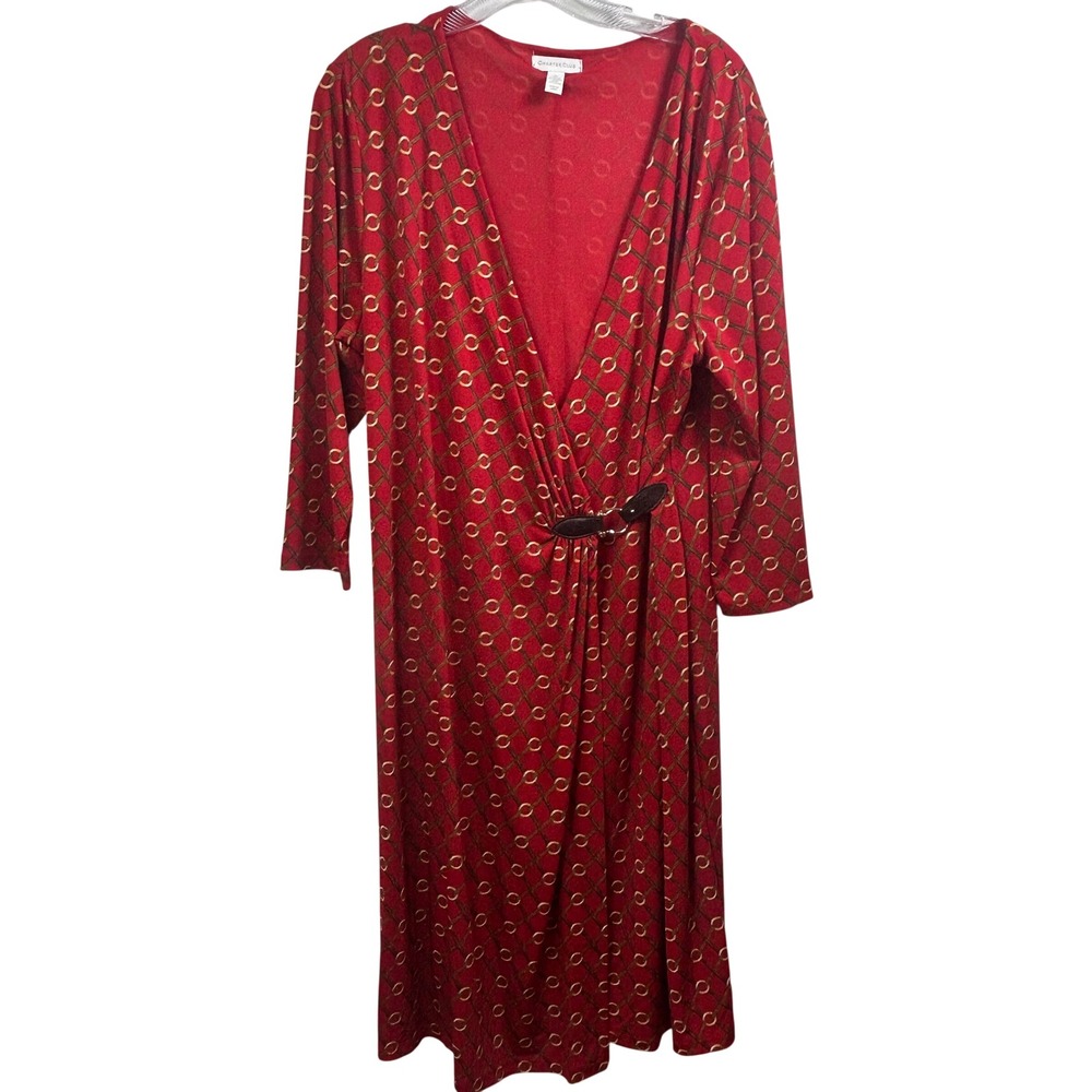 Charter Club Red Equestrian Chain Print Faux Wrap Midi Dress XL 3/4 Sleeve